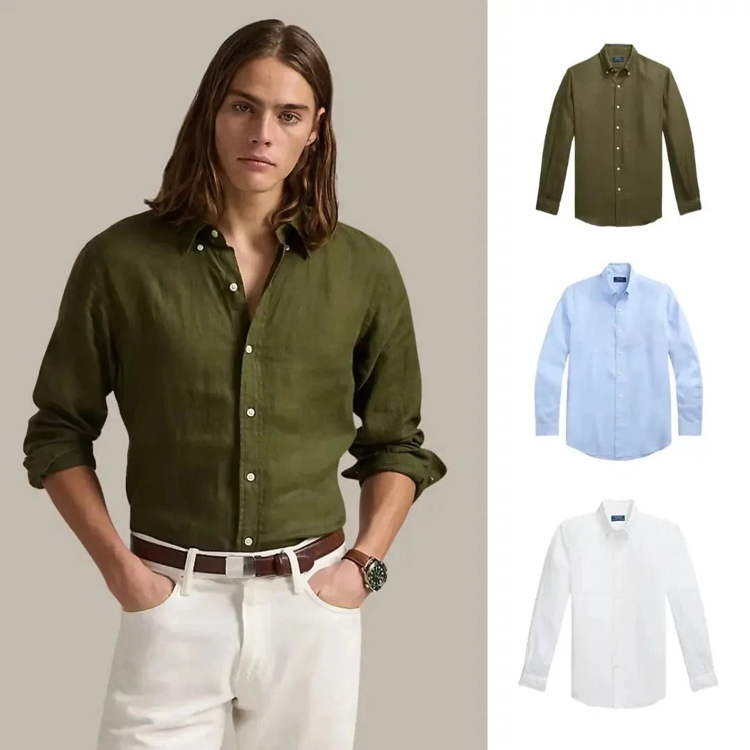 Kaufen Sie 1, erhalten Sie 3 – Klassisches Leinenhemd Vermond Olivgrün • Keramikweiß • Klassisches Blau S