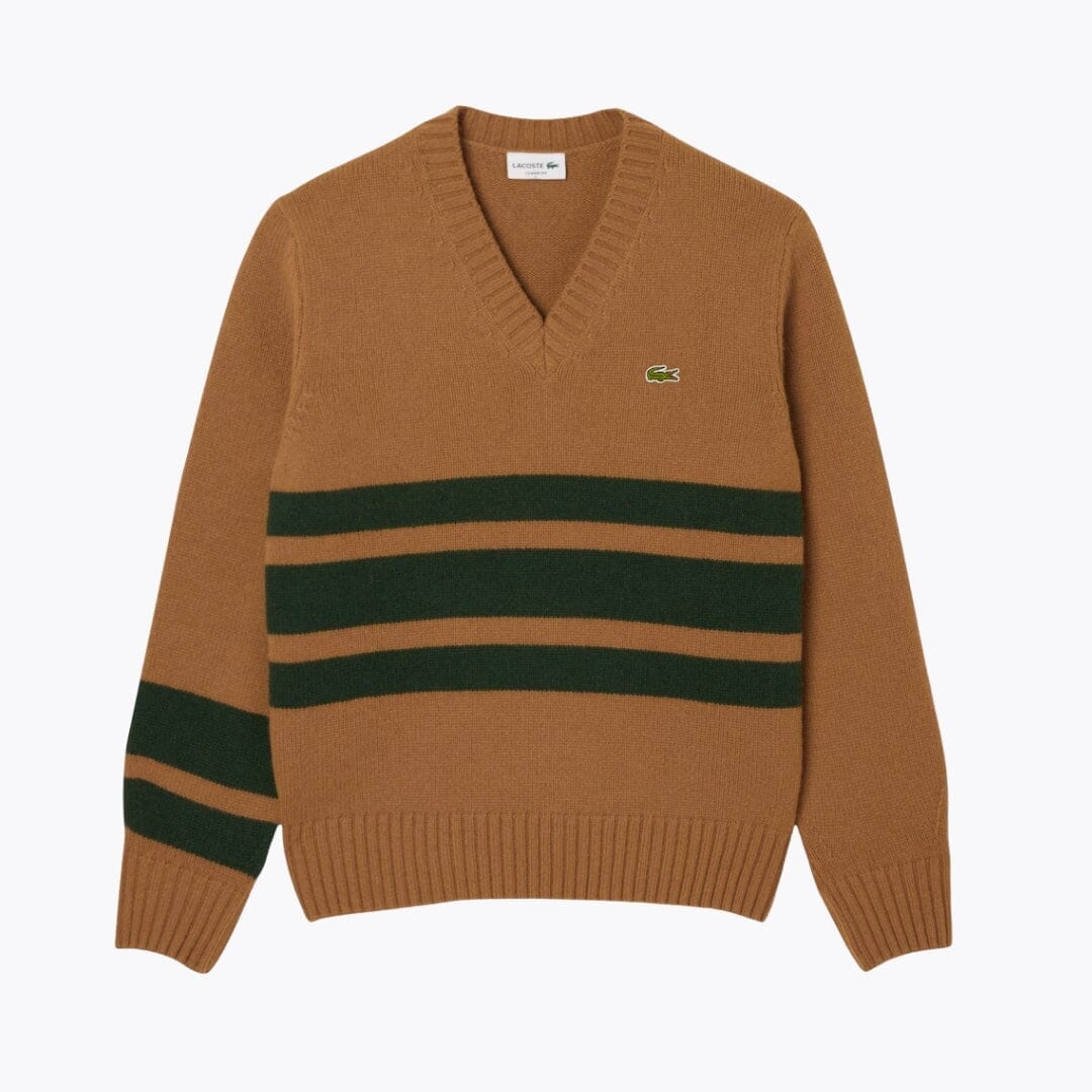 LC Striped Wool V Neck Sweater Lacoste Vermond Brown / green S