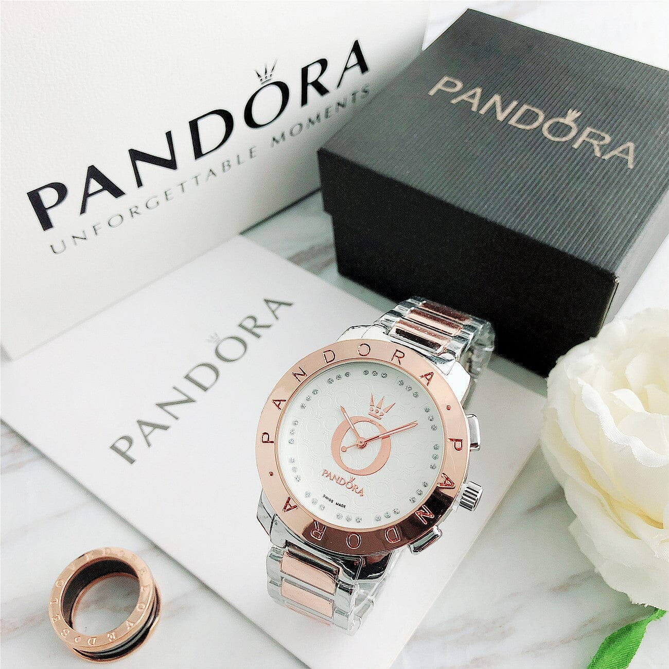 P A N D O R A Classic Glamour + Bracelet Charms Pandora Vermond Rose White
