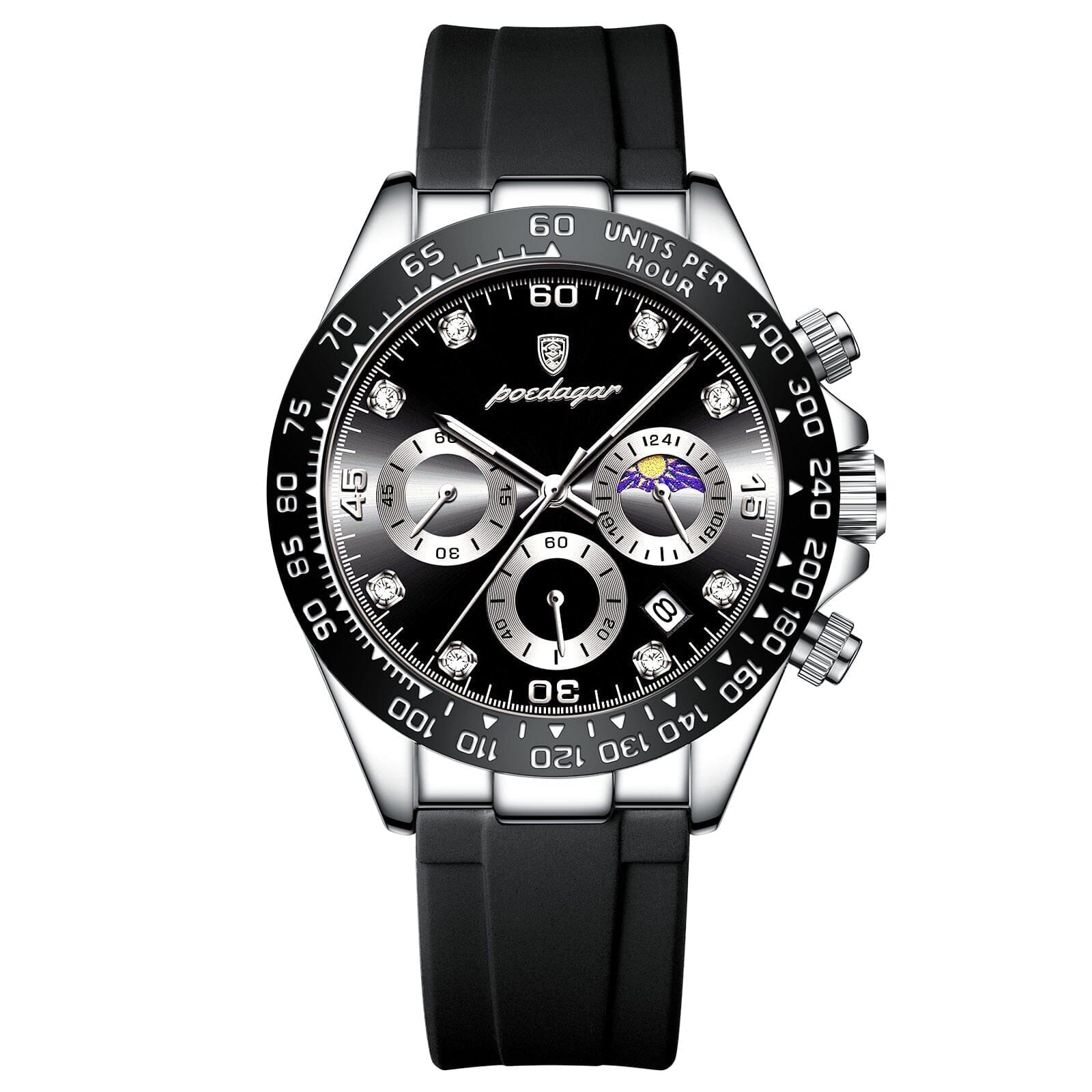 POEDAGAR Watch Chronograph Fase Date Poedagar Vermond Silver Black