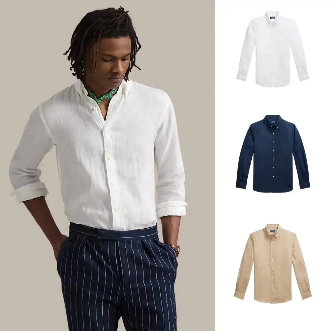 Kaufen Sie 1, erhalten Sie 3 – Klassisches Leinenhemd Vermond Keramikweiß • Marineblau • Küstenbeige S 