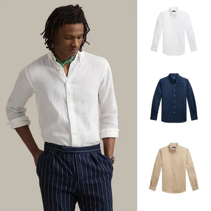 Kaufen Sie 1, erhalten Sie 3 – Klassisches Leinenhemd Vermond Keramikweiß • Marineblau • Küstenbeige S 