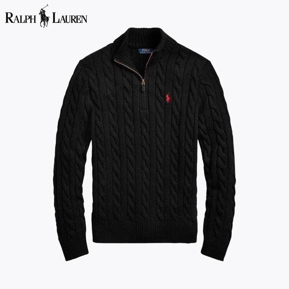 RL Chunky Cable-Knit Cotton Quarter-Zip Sweater Ralph Lauren Vermond Black S 
