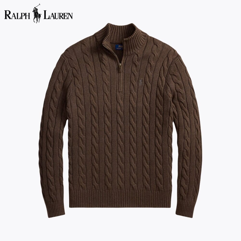 RL Chunky Cable-Knit Cotton Quarter-Zip Sweater Ralph Lauren Vermond Brown S 
