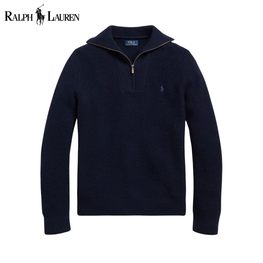 RL Waffle-Knit Wool-Cotton Quarter-Zip Sweater Ralph Lauren Vermond Blue Navy S 