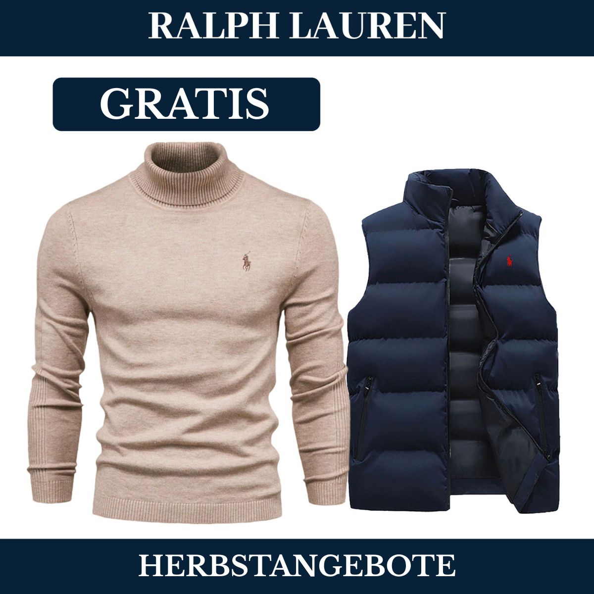 RL Weste + Gratis-Pullover (LAGERRÄUMUNG) Ralph Lauren Vermond Blau Beige M