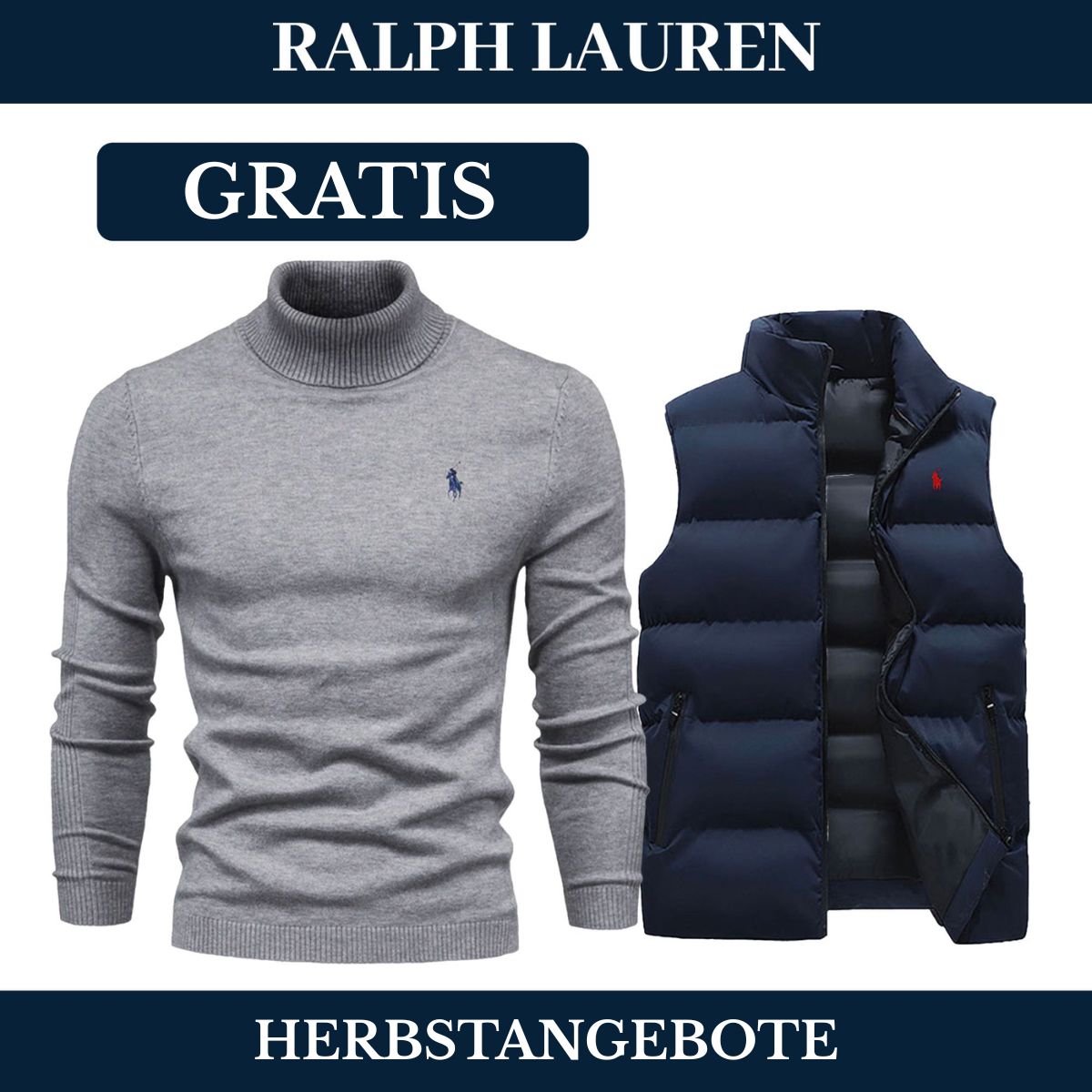 RL Weste + Gratis-Pullover (LAGERRÄUMUNG) Ralph Lauren Vermond Blau Grau M