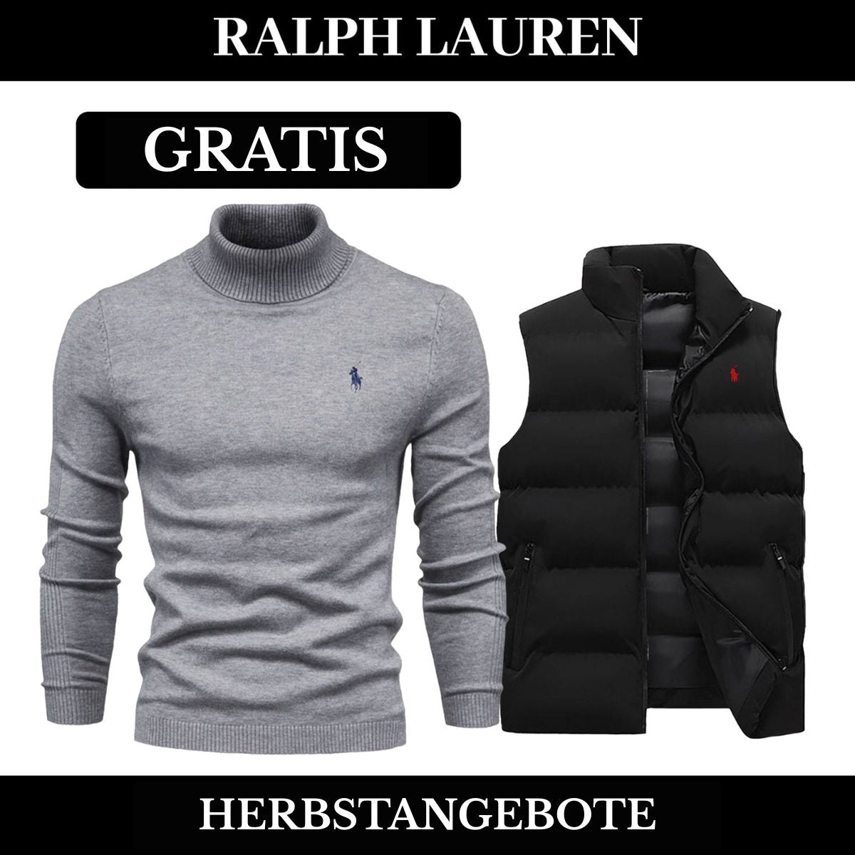 RL Weste + Gratis-Pullover (LAGERRÄUMUNG) Ralph Lauren Vermond NoirSchwarz Grau M