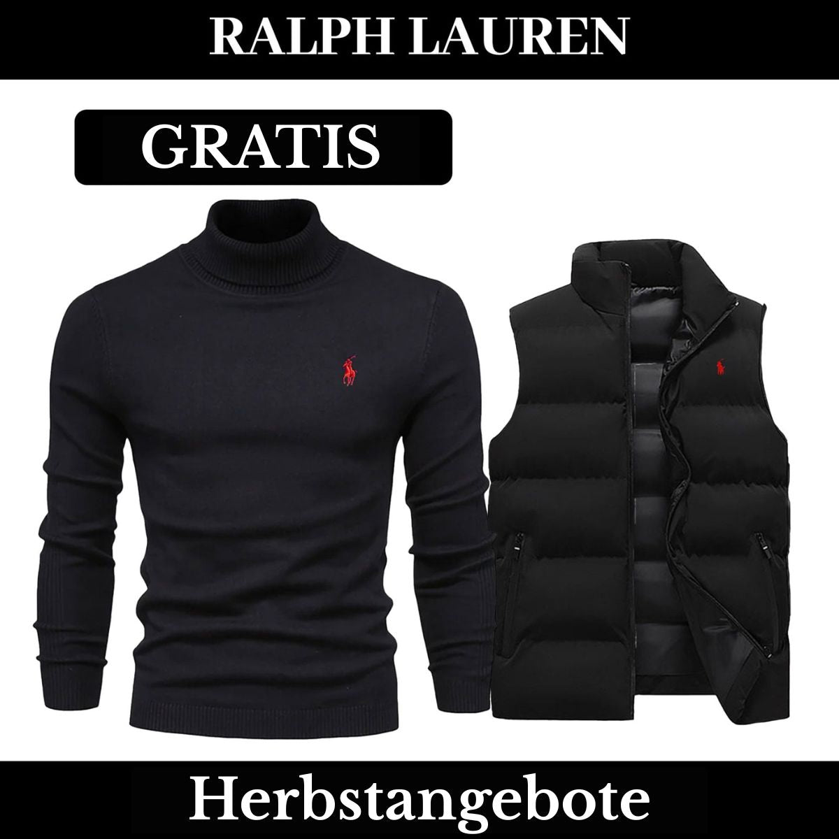 RL Weste + Gratis-Pullover (LAGERRÄUMUNG) Ralph Lauren Vermond NoirSchwarz Schwarz M